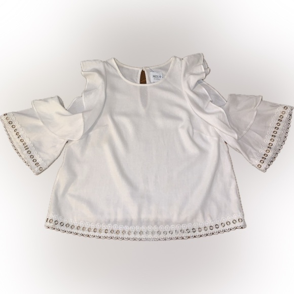 MISA Los Angeles Linen Blend Cold Shoulder Metal Rivet Eyelet Ruffle Blouse XS - Picture 8 of 15